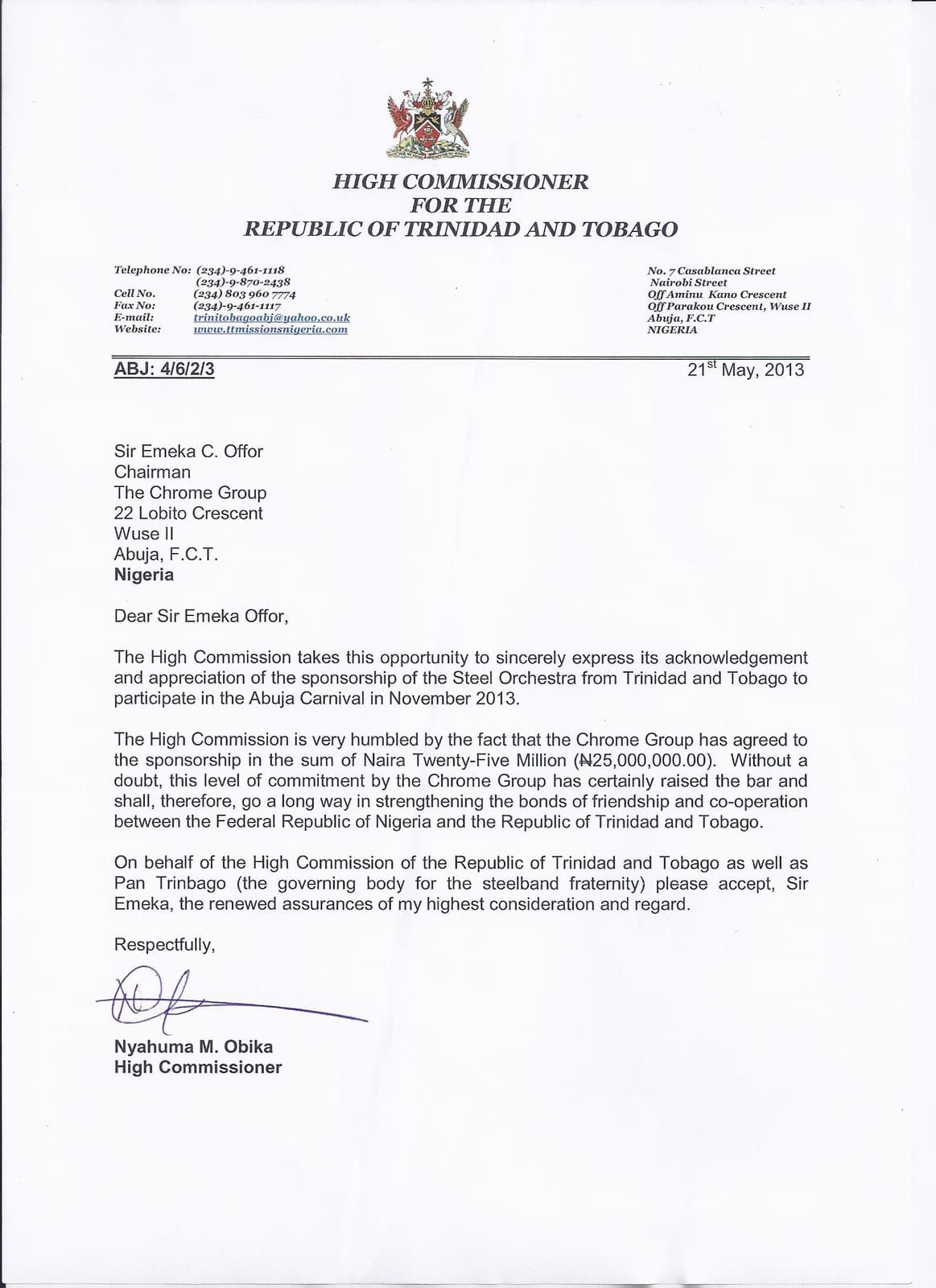 The letter from the Trinidad and Tobago High Commission in Nigeria acknowledging the donation