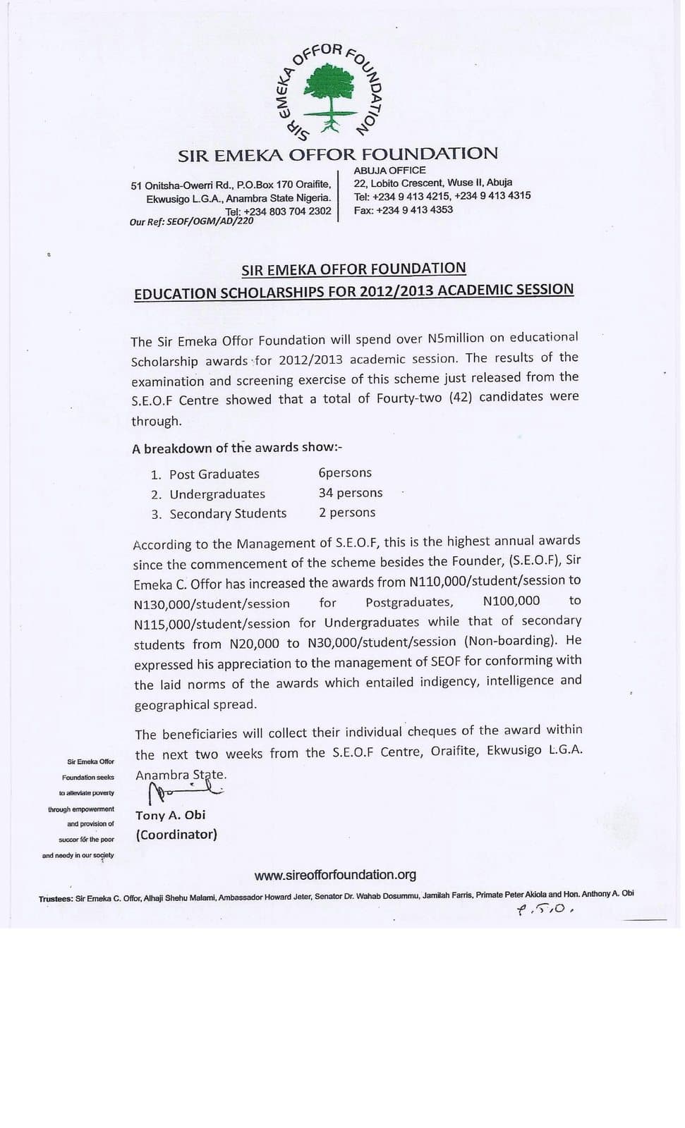 The Sir Emeka Offor Foundation letter and list of successful scholarship candidates