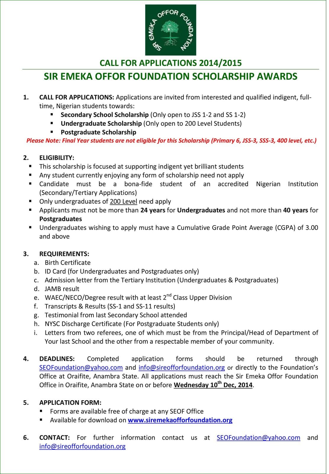 The Sir Emeka Offor Foundation announcement calling for applications to its 2014/2015 scholarship awards