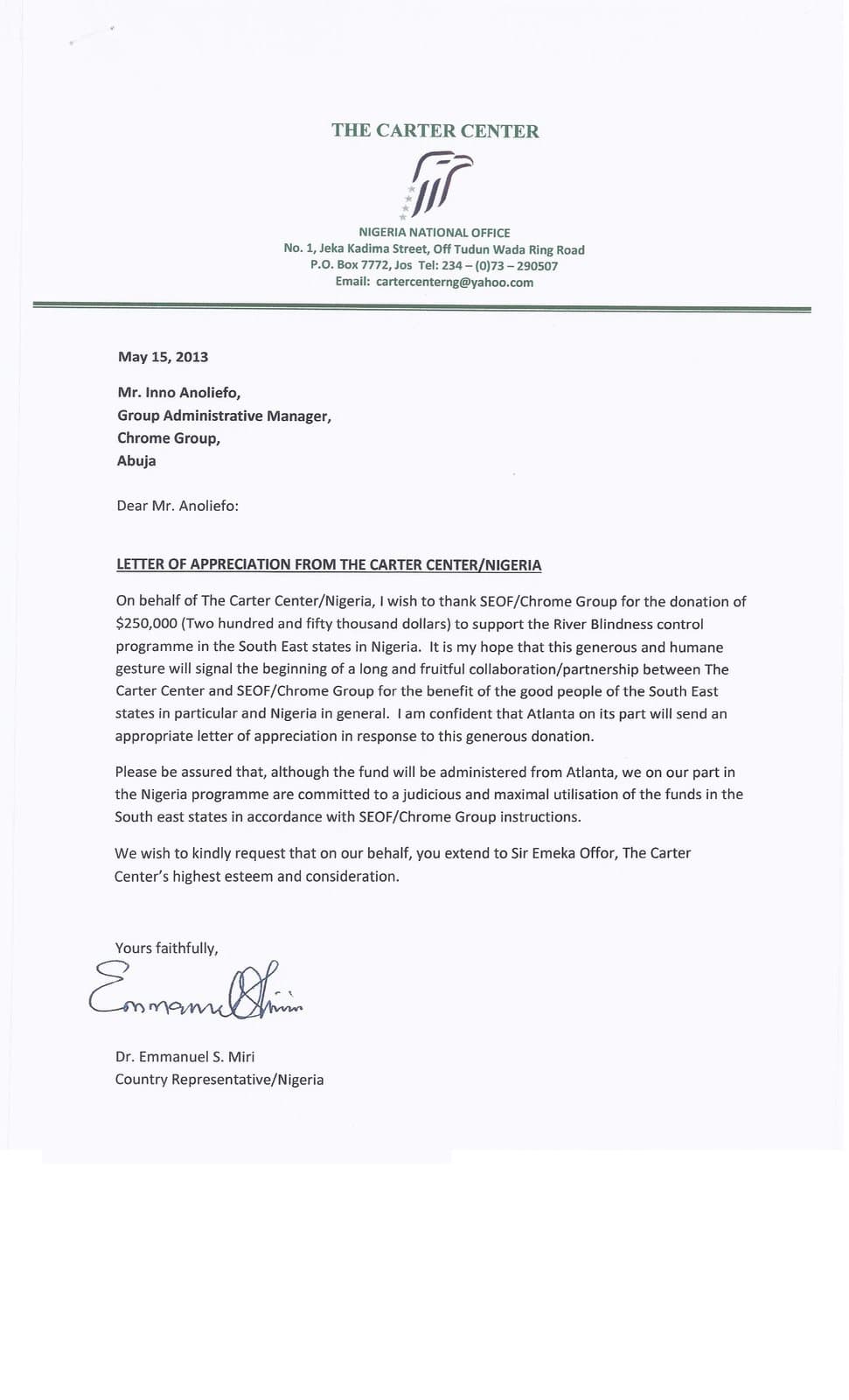 The letter from The Carter Center acknowledging the donation to its River Blindness Control Programme in Nigeria