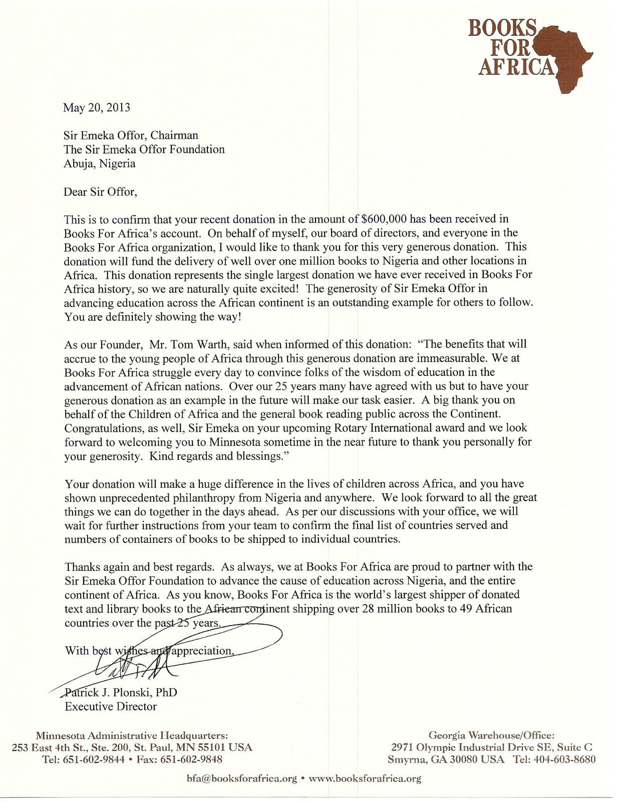 The letter from Books For Africa acknowledging the donation from the Sir Emeka Offor Foundation