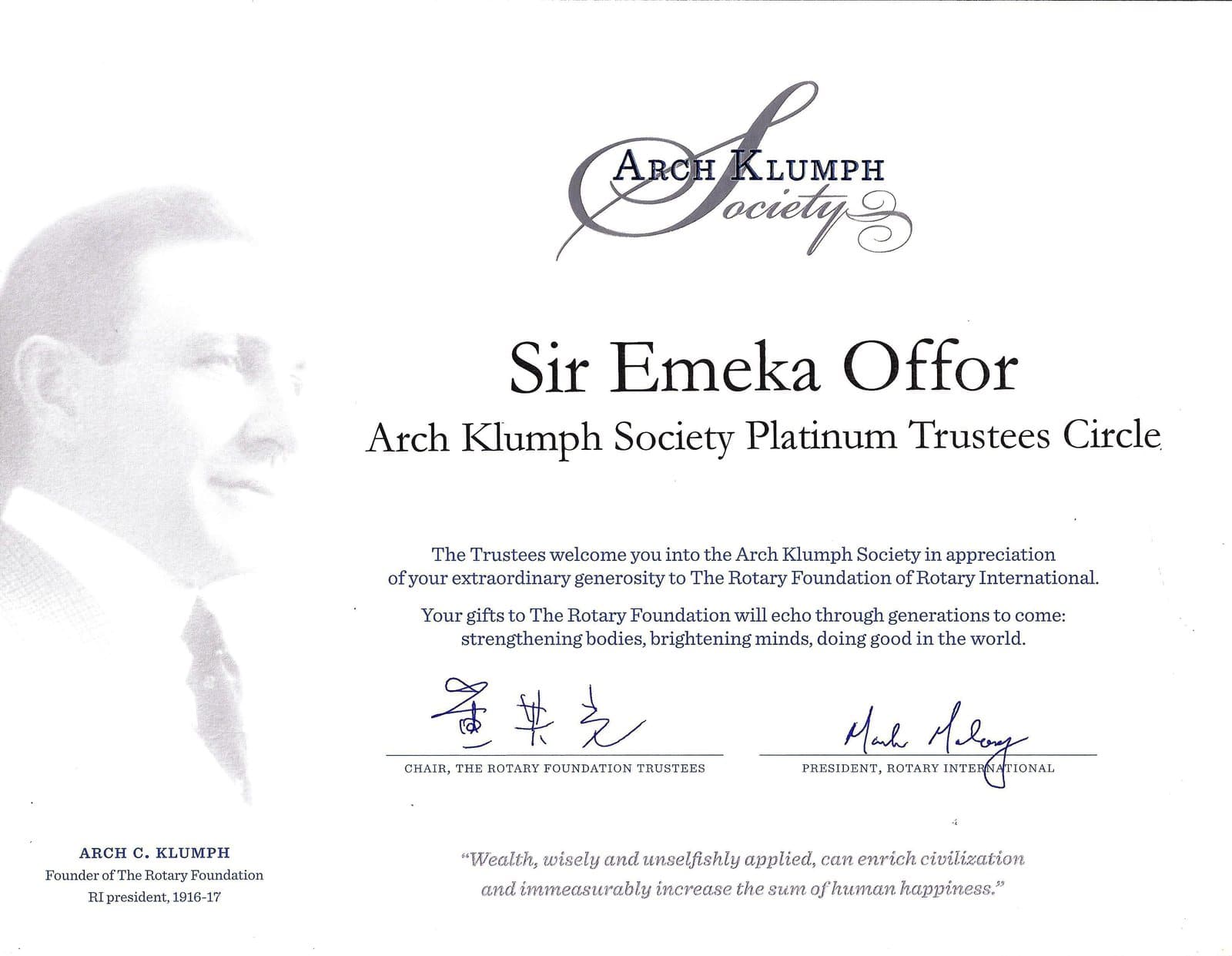 Sir Emeka Offor welcomed into the Arch Klumph Society Platinum Trustees Circle at the Rotary International Assembly