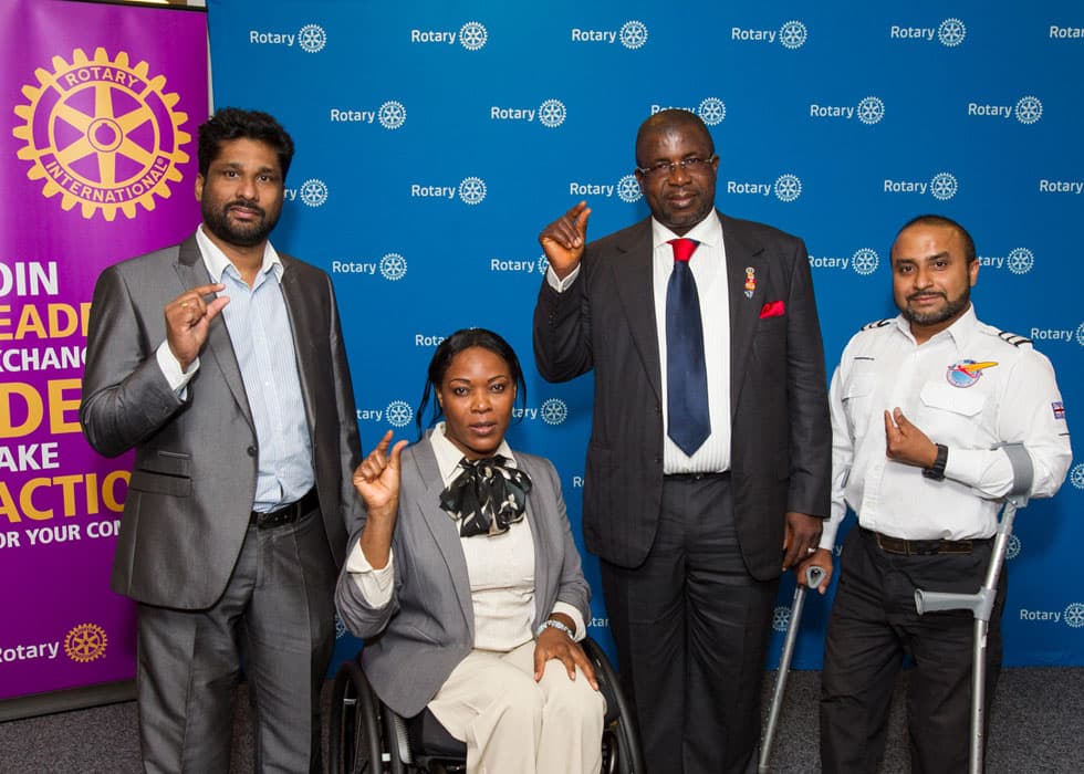Manoj Soma of Choice International, British Polio Fellowship ambassador Anne Wafula-Strike MBE, Rotary International Polio Ambassador Sir Emeka Offor and Gautam Lewis of Freedom in the Air, at the Rotary International offices in London